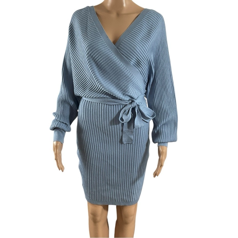 Love Tree Surplice Ribbed Sweater Dress Medium Blue Knit Long Sleeve Tie Waist